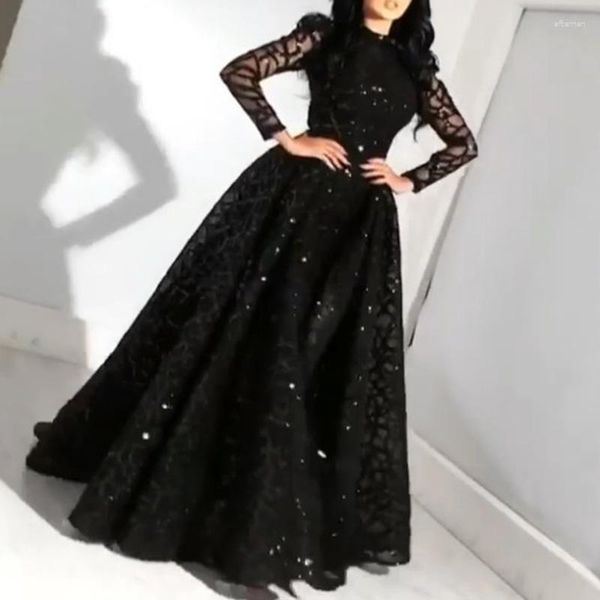 Повседневные платья 2023 дизайнерские дамы кружевное вечернее платье черное мяч с блестками Элегантное платье с длинными рукавами.