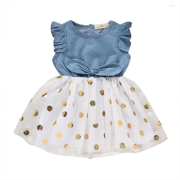 Mädchen Kleider Baby Mode Rüschen Bogen Denim Kleid Polka Dot Mesh 1-6Y Kinder Kinder Sommer Casual Ärmellose Sommerkleid Outfits 2023