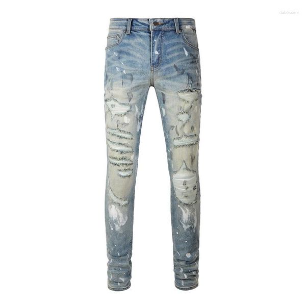 Erkek kot pantolon sokak kıyafeti moda sıkıntılı silme uyuyor açık mavi hasarlı delikler boya boya bandana patchwork yırtık streç grafiti