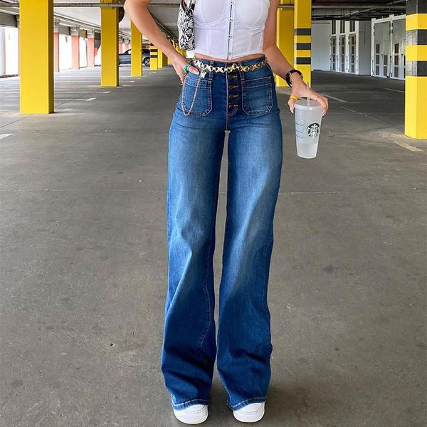 Jeans da donna Pantaloni larghi blu a vita alta Pantaloni a gamba larga in denim Fashion Straight Mom Boyfriend Streetwear