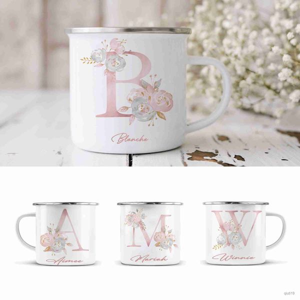 Tassen, personalisierbar, rosa Blumen-Anfangstassen, niedliche Emaille-Kaffeetasse, Milchgetränk, Saftbecher, Geschenke für ihren Geburtstag, Muttertag, Hochzeit, R230713