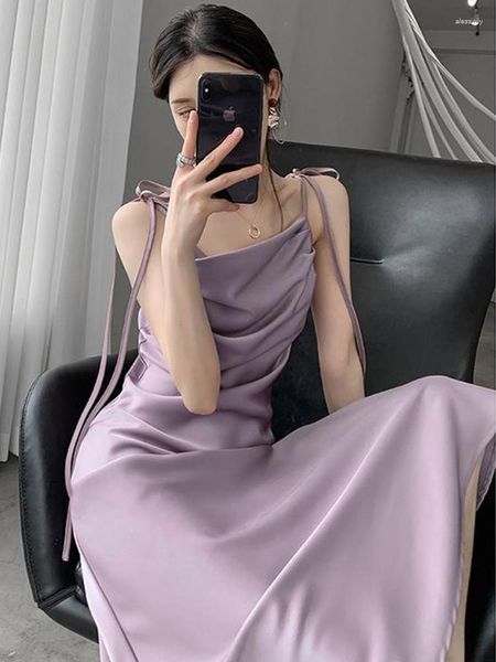 Vestidos casuais elegantes estilingue cetim para mulheres verão sem mangas dobras roxo vestido longo vestidos vestido feminino