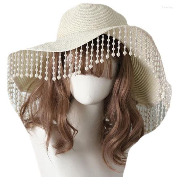 Geniş Memlu Şapkalar Kadın Skringed İnci Tasselleri Saman Güneş Şapk French Elegant Handwoven Prenses Bonnet Kadın Dış Mekan Güneş geçirmez Kap Po Props