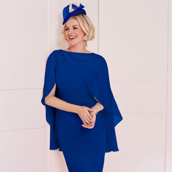 Vestidos curtos azul royal para mãe da noiva com bainha de um ombro com contas, vestido feminino para ocasiões especiais, comprimento chá