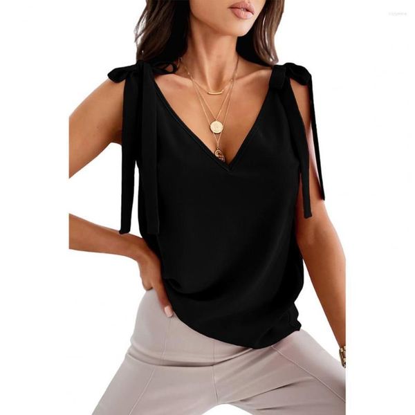 Canotte da donna Top estivo da donna con lacci scollo a V profondo indumento camicetta morbida casual senza maniche scollato