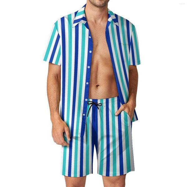 Agasalhos masculinos Conjuntos masculinos com listras verticais azul e branco shorts casuais para praia conjunto de camisa verão legal terno personalizado mangas curtas grandes