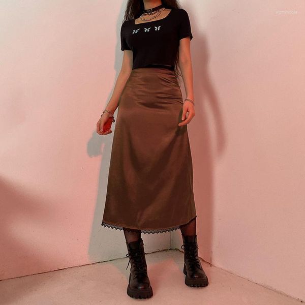 Saias Y2K Vintage Feminino Midi Anos 90 Xadrez E-Girls Cintura Alta Marrom Indie Estética Impressão A-Line Saia Longa Verão Streetwear