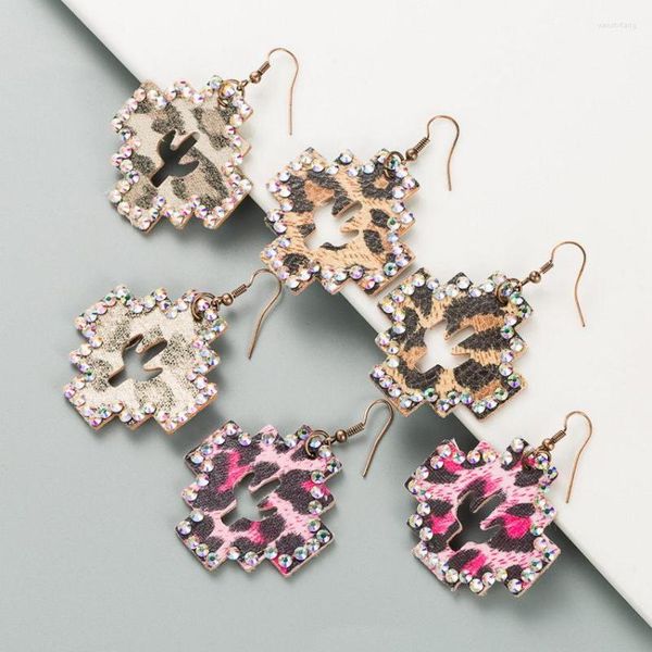 Brincos pendentes ocos Cactus Pavimentado AB Cristal Surround Couro PU Leopardo Cross Drop Para Mulheres Moda Verão Jóias Alta Qualidade