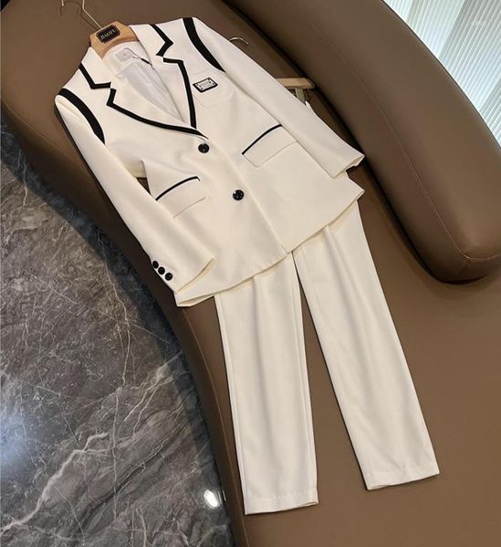 Женские брюки с двумя частями, разработанные винтажными цветовыми блоками с длинным рукавом Lady Office Office Work Sup Casual Straight Rutg Women 2pcs