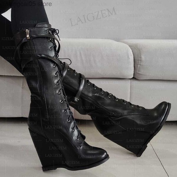 Stiefel Frauen Wadenhohe Stiefel Seitlicher Reißverschluss Keile High Heels Stiefel Runde Zehen Breite Wadenfreundliche Damenschuhe Frau Große Größe 42 47 52 T230713