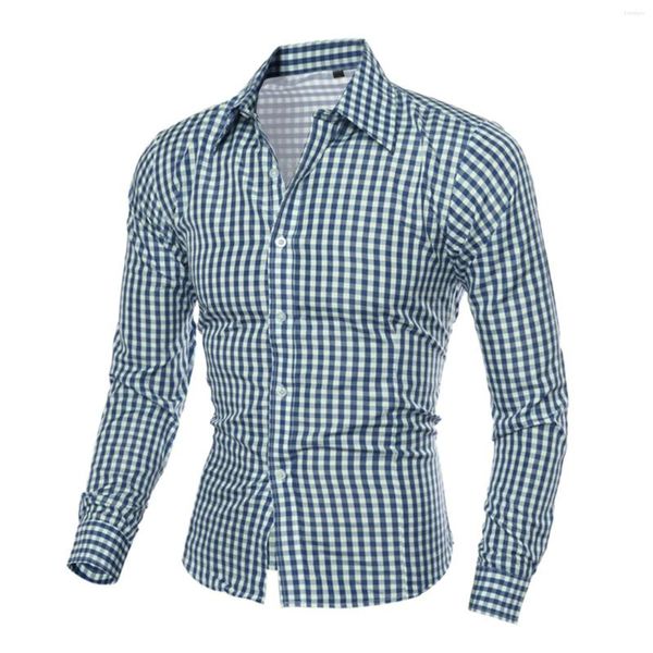 Camisas casuais masculinas camisa xadrez de mangas compridas para homens gole de gola giratória roupas de túnica top camisas de hombre