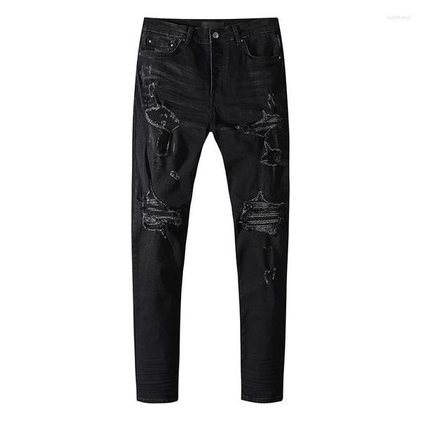 Jeans masculino AM Fashion Brand High Street Punk Preto Irregular Hole Beggar Pants Patch Stretch Slim Fit Moto Calças