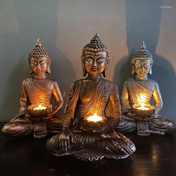 Kerzenhalter, Buddha-Statue, Teelichthalter, meditierend, mit Patina, Gold-Finish, sitzende Skulptur, Feng Shui-Dekor