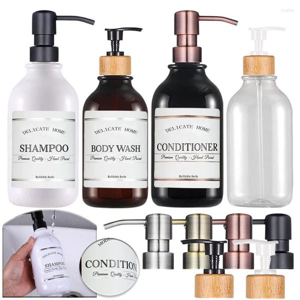 Flüssigseifenspender, Shampoo-Conditioner, Edelstahl-Pumpe, Badezimmer-Körperwaschflasche mit wasserfestem Etikett