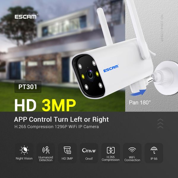 ESCAM PT301 3MP Outdoor Security Cam Videosorveglianza IP66 Wifi IP Home CCTV Smart Siren Rilevamento umano Visione notturna Webcam