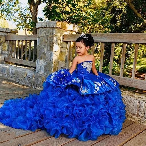 2024 Königsblau Niedliche Kinder Applikation Perlen Tiered Prinzessin Kleid Schönheitswettbewerb Kleider Puffy Blumen Mädchen Geburtstagskleider