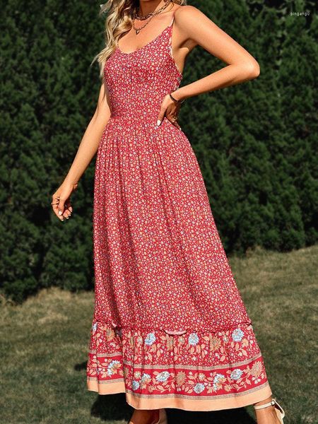 Casual Kleider Sommer Blumendruck Lange Frauen Ärmelloses Rückenfreies Spaghettiträgerkleid Damen Vintage Elegant Boho Strand