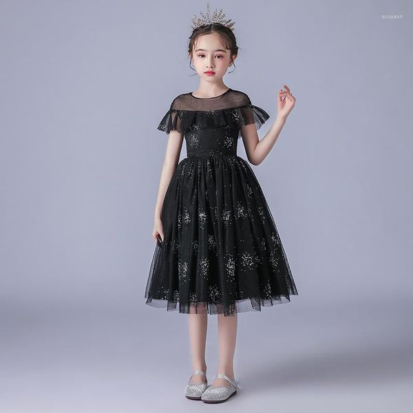 Vestidos de menina de renda preta meninas vestido de verão miçangas flor elegante princesa formal casamento concurso infantil vestido de festa de formatura