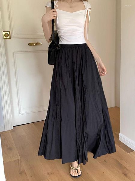 Röcke Sommer Maxi Rock Womens Casual Elastische Hohe Taille Plissee A-line Streetwear Elegante Klassische Weibliche Kleidung