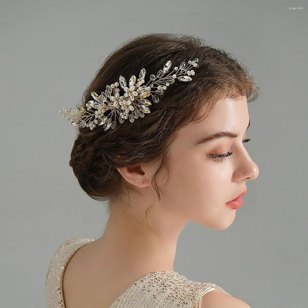 Copricapo in cristallo fatto a mano classico in oro con gioielli pettine per capelli da sposa in finta perla