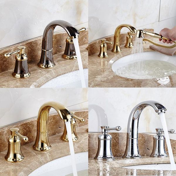 Badezimmer-Waschtischarmaturen, goldene Toilette, weit verbreiteter Wasserhahn und kalter Drei-Loch-Mischer, 8 Zoll, Chrom