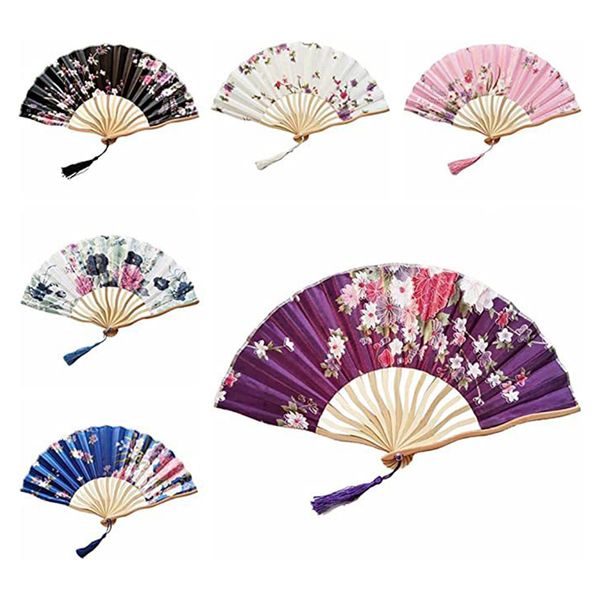 Ventilador de mão de seda japonês chinês Bambu Ventilador dobrável Flor Borla Fãs de dança Festival de verão Festa Presente de casamento