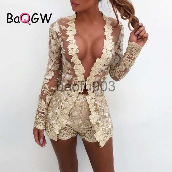 Zweiteilige Damenhose BaQGW Vintage Blumenstickerei Sexy Zweiteilige Sets Frauen Spitze V-Ausschnitt Ausgehöhlte Strickjacke + Shorts Nachtclub Durchsichtige Outfits J230713