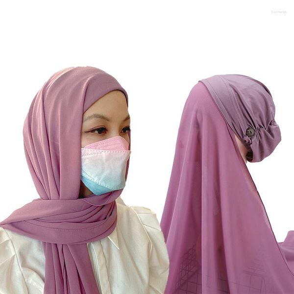 Ethnische Kleidung 2023 Instant Hijabs Frauen Motorhaube mit Chiffon-Schalknöpfen Einfach zu tragende Masken Stretch Hijab Cover Headwrap