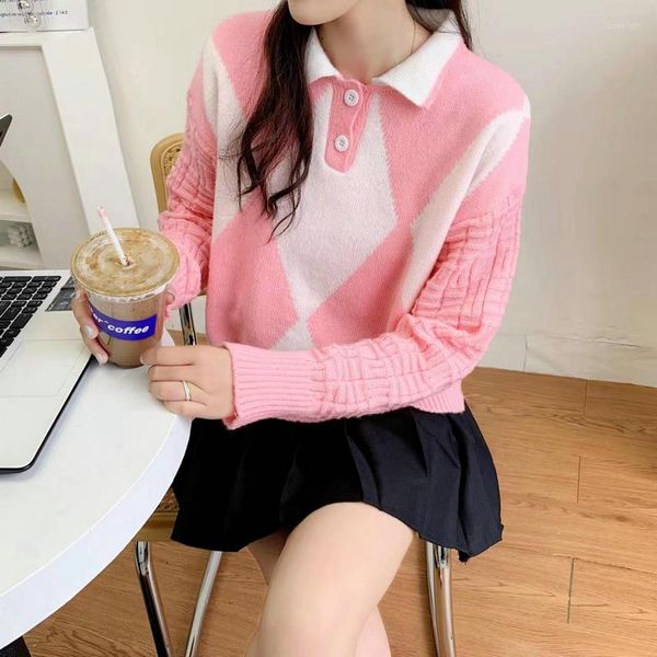 Frauen Pullover Herbst Winter Gestrickte Pullover Lose Polo Neck Rosa Argyle Pullover Büro Dame Casual Kleidung Koreanische Mode Streetwear