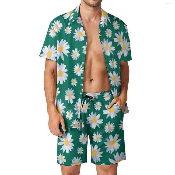 Fatos de treino masculinos Flower Botanical Vacation Men Sets Classy White Daisy Casual Shirt Set Summer Design Shorts Two-piece Fashion Suit Plus