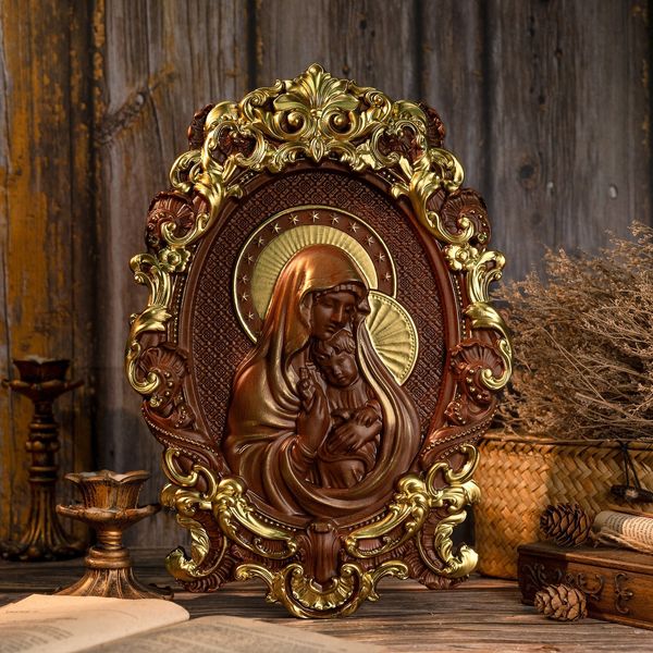 Oggetti decorativi Figurine Vergine Maria e Gesù Bambino Scultura in legno Decorazione Religiosa cattolica Casa da appendere Decorazione Santi cristiani Regalo 230712