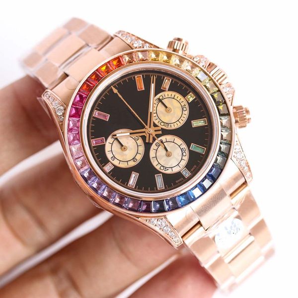 Estilo clássico BGF Relógios de pulso masculinos de super qualidade Ouro rosa 40 mm Bisel de diamante colorido safira Luminous Swiss7750 Mechnaical Automatic Chronograph mens watchs