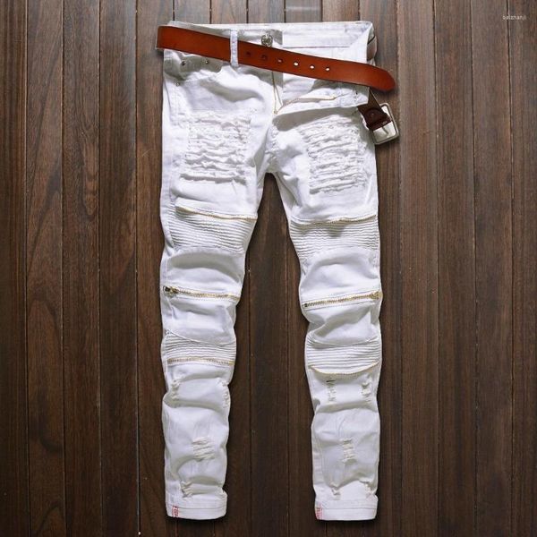 Jeans Masculino Skinny Masculino Branco Rasgado Joelho Zíper Moda Casual Ajuste Justo Motociclista Hip Hop Calça Denim Stretch Destroy Motocicleta