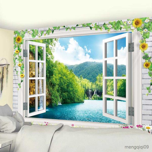 Arazzi Finestra Home Art Déco Arazzo Scena psichedelica Hippie Decorazione bohémien Fogli Tappetino yoga Camera da letto Decorazione murale R230713