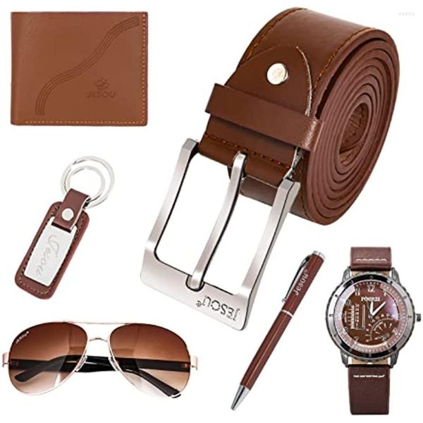 Armbanduhren 6-teiliges Herren-Geschenkset mit Box Brauner Ledergürtel Brieftasche Uhr Brille Schlüsselanhänger Kugelschreiber Geschäftsgeburtstagsgeschenke für Männer