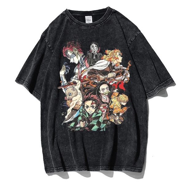 Herren-T-Shirts, Vintage-Waschung, Herren-T-Shirt, Anime Demon Killer Kamado Tanjirou, bedrucktes T-Shirt, 100 % Baumwolle, Freizeithemd, Oberteil, Y2K-Kleidung, 230713