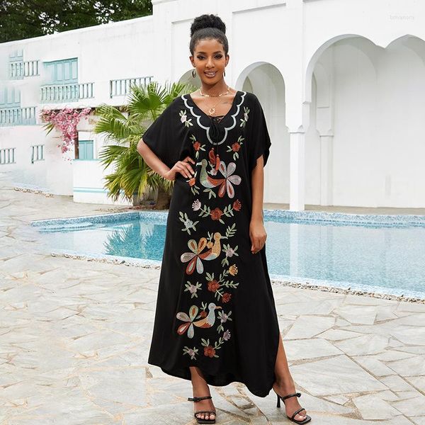 Damen-Bademode, schwarzes Strand-Kaftan-Kleid, Badeanzug-Vertuschungen, Boho-Stickerei, lange Kleider, Robe, Strandmode, Damen, lässige Tunika, Pareo