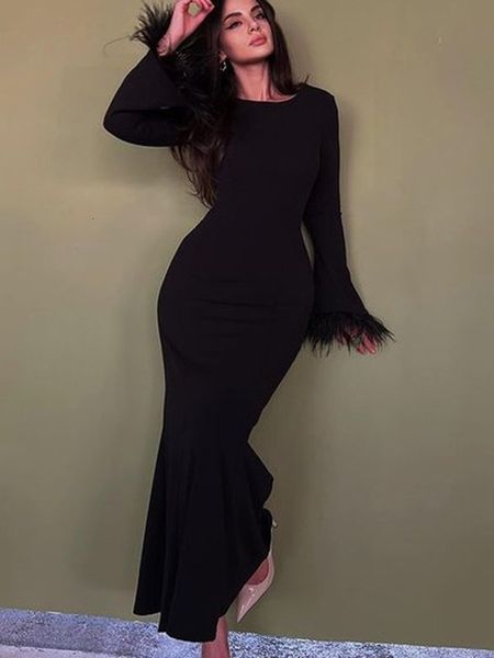 Städtische Sexy Kleider Elegante Feder Ärmel Kleid Mode Schwarz Bodycon Frühling Wrap Lange Dame Casual Schlank Abend Party 230712