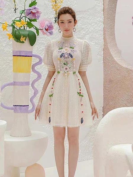 Casual Dresses Runway Fashion Designer Spitze Stickerei Party Midi Kleid 2023 Sommer Frauen Puff Sleeve Temperament Urlaub Schlank Vestidos