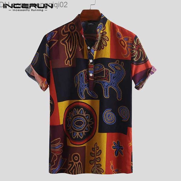 Camisas casuais masculinas INCERUN 2023 Estilo étnico estampado camisa masculina de algodão solta manga curta gola alta camisa Aloha masculina vintage respirável S-5XL Z230713