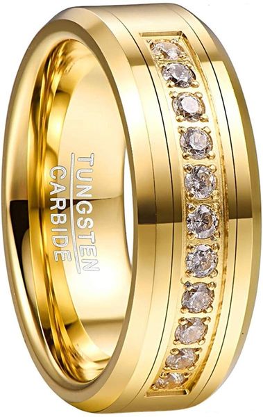 Eheringe Nuncad Herren 8mm Wolfram-Carbid-Ring-Ehering mit runden Kubikzirkonia Gold Plated CZ Verlobungsring Größe 7-12 230713