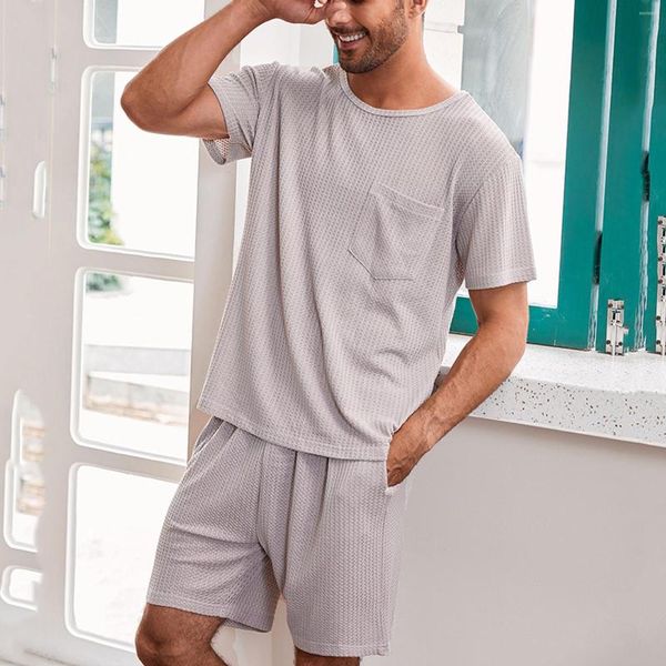 Agasalhos masculinos Esportes de verão Roupas fitness Terno de duas peças Cor lisa Shorts manga curta com bolsos Uso em casa Pijamas Casual