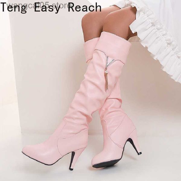 Stiefel PU Weiches Leder Über Knie High Heels Stiefel Plattform Warme Plüsch Frau Winter Lange Stiefel Zapatos Mujer Schwarz Weiß Rosa Stiefel T230713