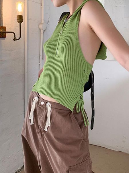 Canotte da donna Moda Canotte da donna Canotte con cappuccio Backless Zip laterale T-shirt senza maniche con lacci in maglia verde Estate 2023 17A9648