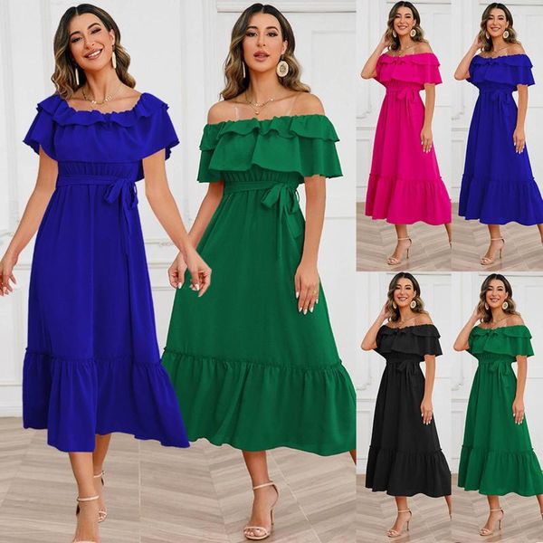 Vestidos de festa elegantes decote ombro a ombro longos femininos lisos casuais manga curta rendas babados vestido verão maxi