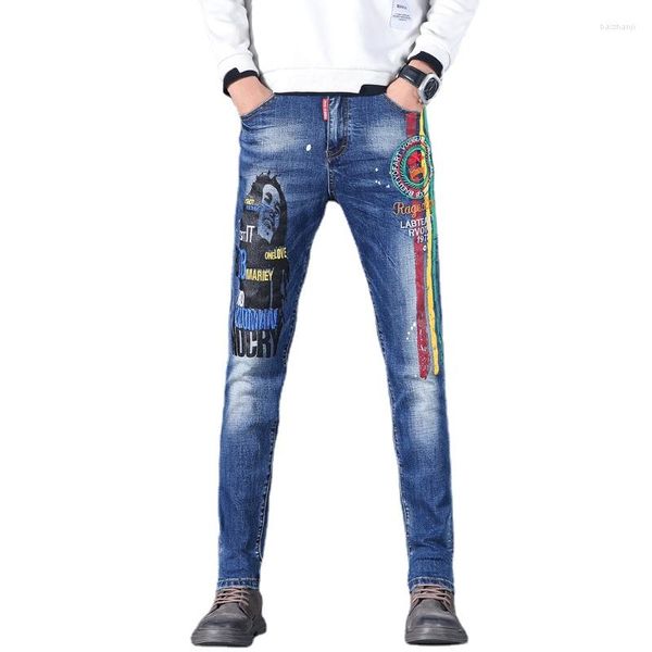 Hommes Jeans Pour Hommes Lettres Broderie Stretch Denim Pantalon Slim Fit Imprimé À La Mode Streetwear Hip Hop Droite Harajuku CasualTrousers