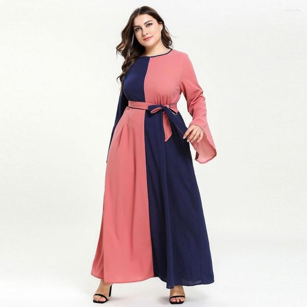 Ethnische Kleidung Arabische Vestidos Muslimische Mode Kaftan Türkei Frauen Kontrastfarbe Flare Sleeve Maxikleid Kaftan Marokko Robe mit Gürtel