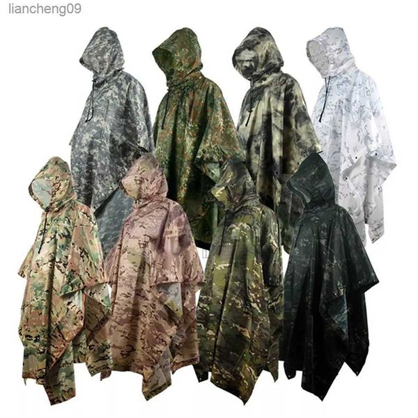 Poncho militar ao ar livre 210T + PU Exército War Tactical Raincoat Caça Ghillie Suit Observação de pássaros Guarda-chuva Chuva Gear Acessórios para casa L230620