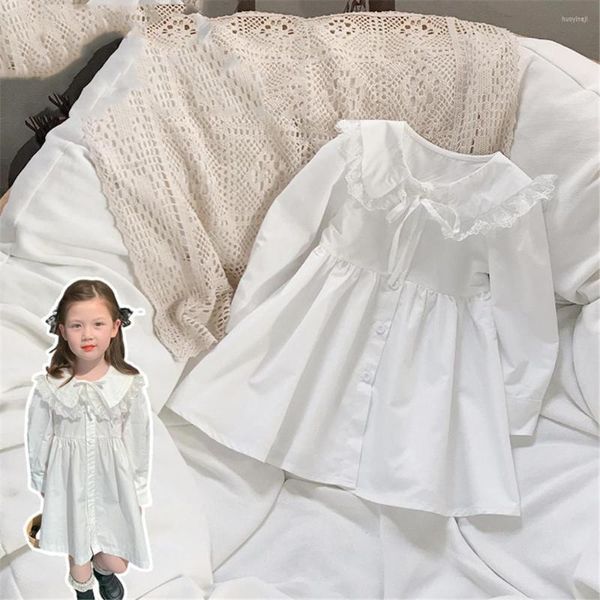 Mädchen Kleider Koreanische Version Kinder Rock Mädchen 2023 Sommer Kleid Westlichen Stil Spitze Langarm Weiß Prinzessin 5806