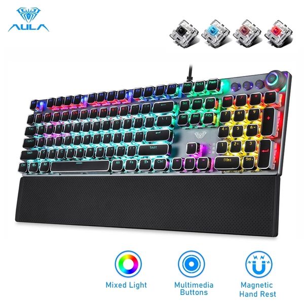 Teclados AULA Gaming Teclado Mecânico Retrô Quadrado Brilhante Keycaps Retroiluminado USB Com Fio 104 Anti-ghosting para PC laptop 230712